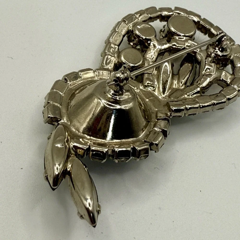 Vintage Black Rhinestone Brooch Silver Tone Clear Crystals Mid Century